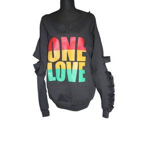Sweatshirt/(Size L)/ Black Sweatshirt with "One Love"/ cut out sleeves. 100% Cot